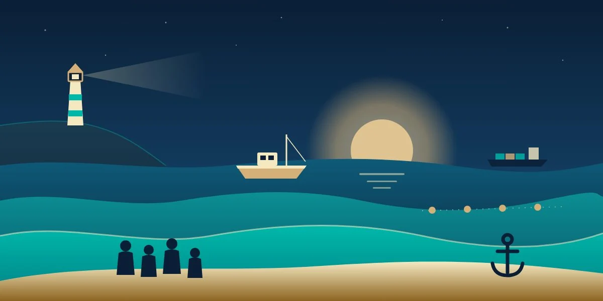 Illustration: a coastline with a lighthouse, a fishing boat, a cargo ship, aquaculture buoys and a community on the shore