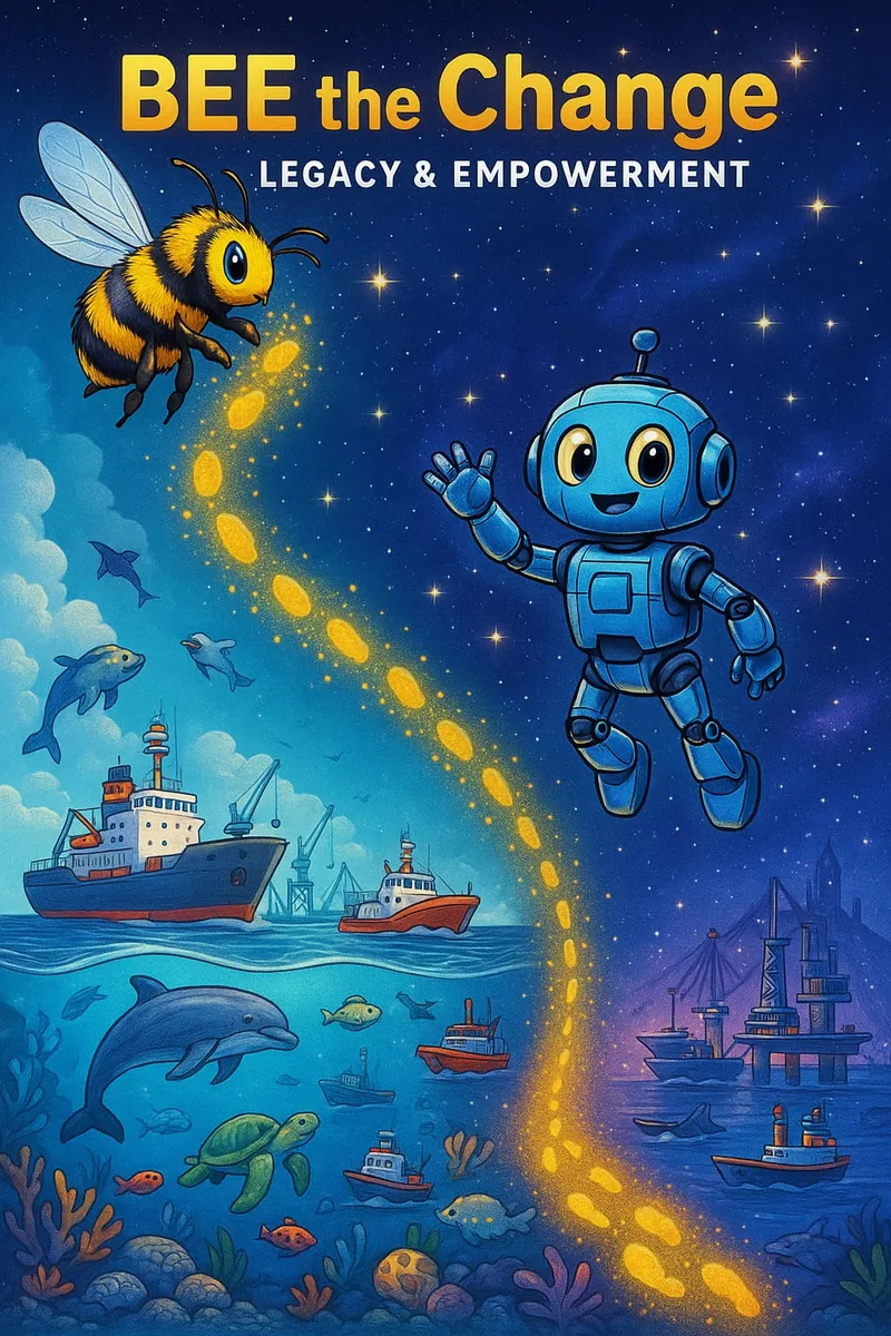 Concept artwork: a bee and a friendly blue robot above the ocean, with ships, dolphins and sea life, and a golden path of footprints.