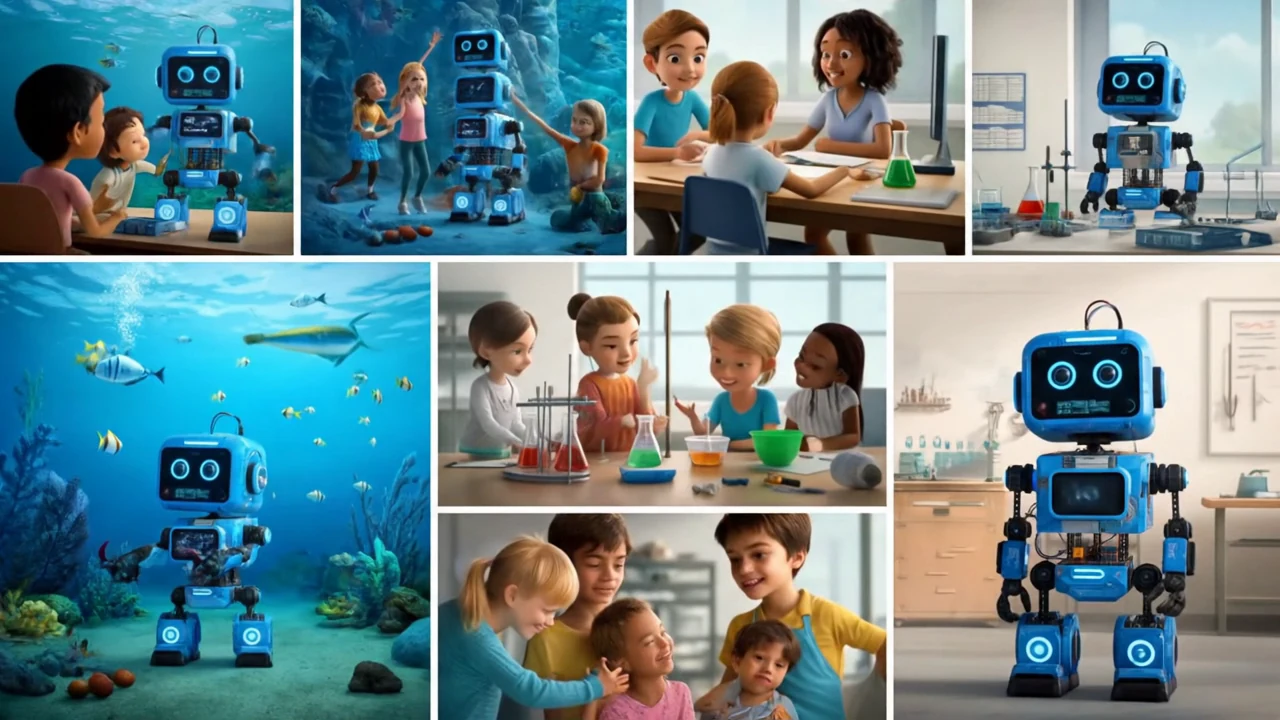 Concept artwork collage: Blue, a blue robot, with children in a classroom, in a science lab and under the sea.