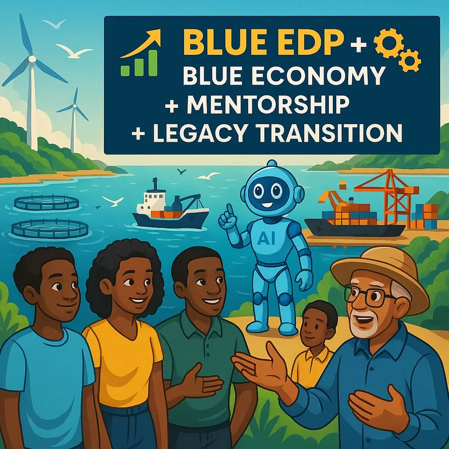 Concept artwork: an older mentor talks with young people at a harbour, with a blue AI robot, ships, cranes, fish farms and wind turbines behind them.